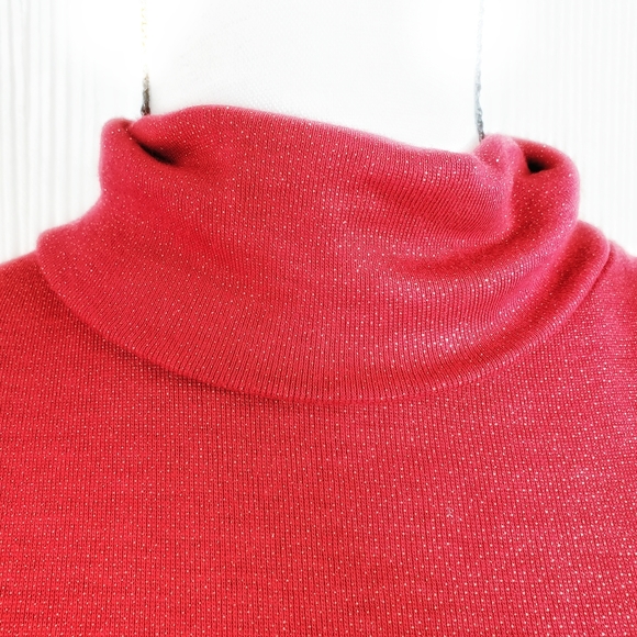 💖 Sparkle Red Small/Medium Gold Knit Turtleneck Glimmer Tie Back Top, Layering - Picture 11 of 15